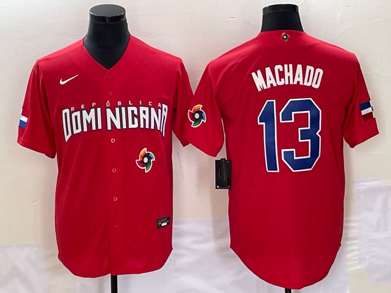 Men 2023 World Cub Dominicana #13 Machado Red Nike MLB Jersey9